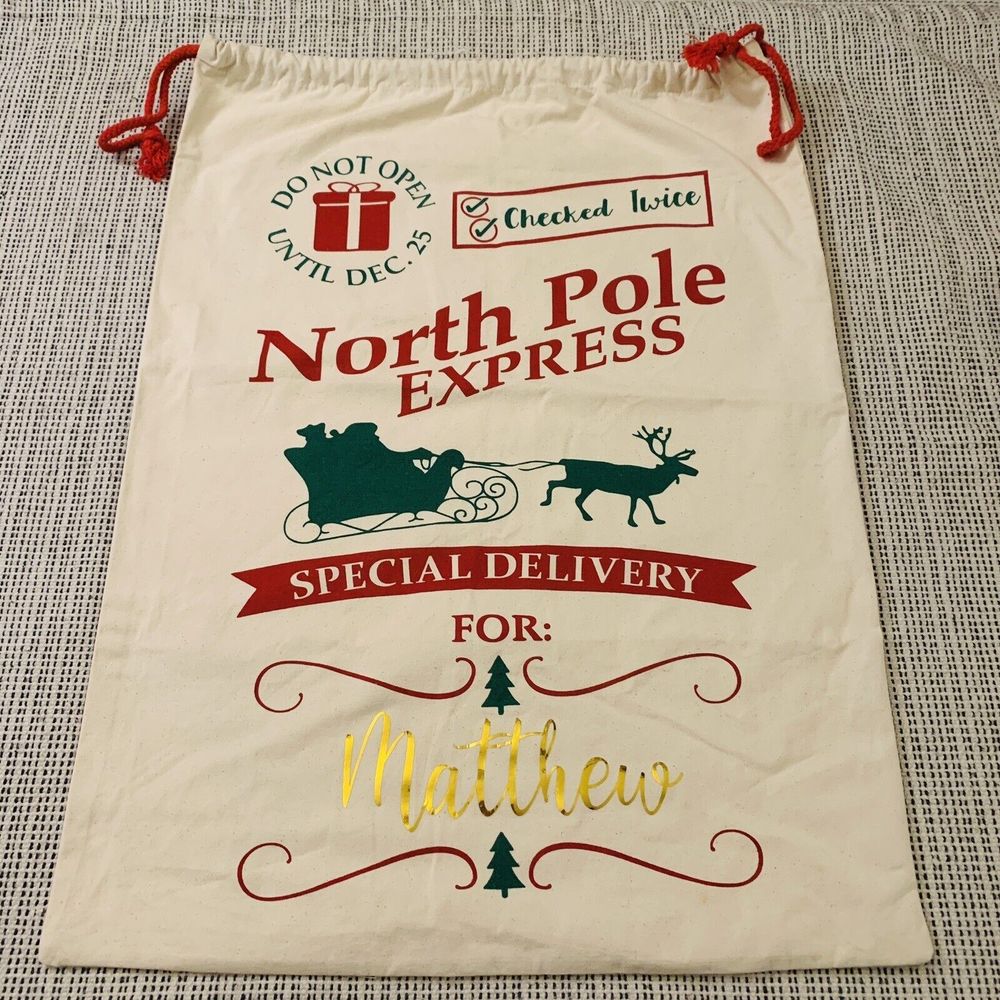 North Pole Express Santa Sack Christmas Gift Canvas Bag "MATTHEW" 26x19 inches